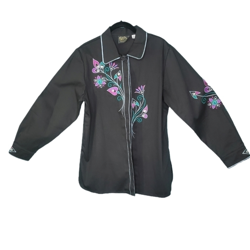 Bob Mackie Wearable Art Black Button-down Embroidered Shirt Size M